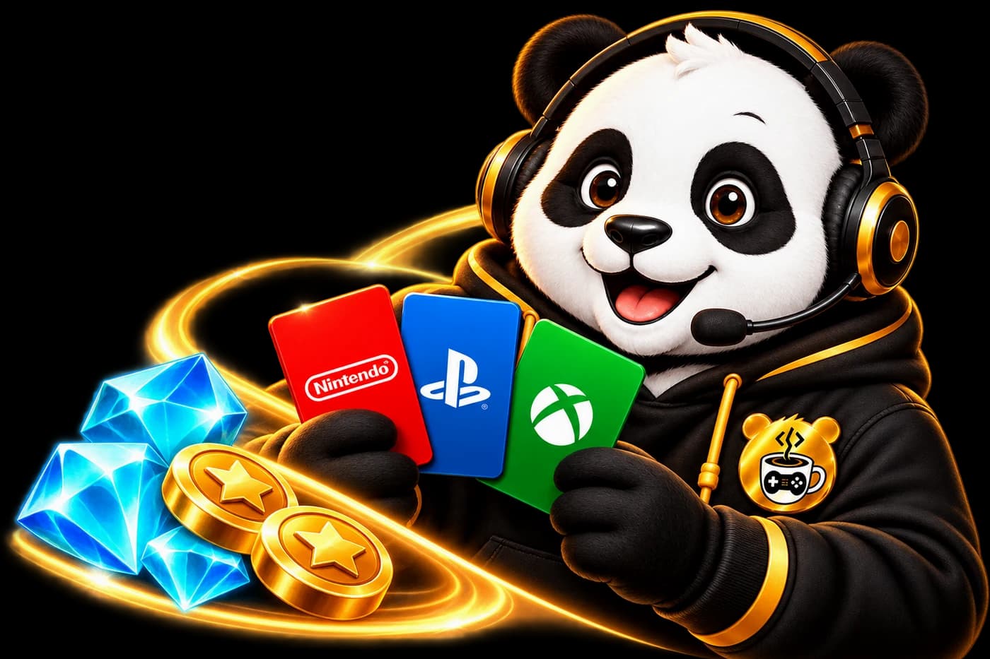 CPPins panda with gaming gift cards and game-currency gems